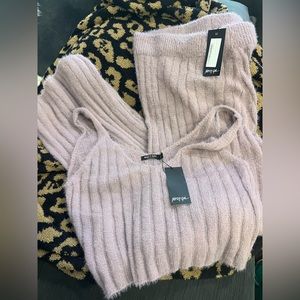 NWT Purple fuzzy loungewear set from Nasty Gal. Flare pants and crop top